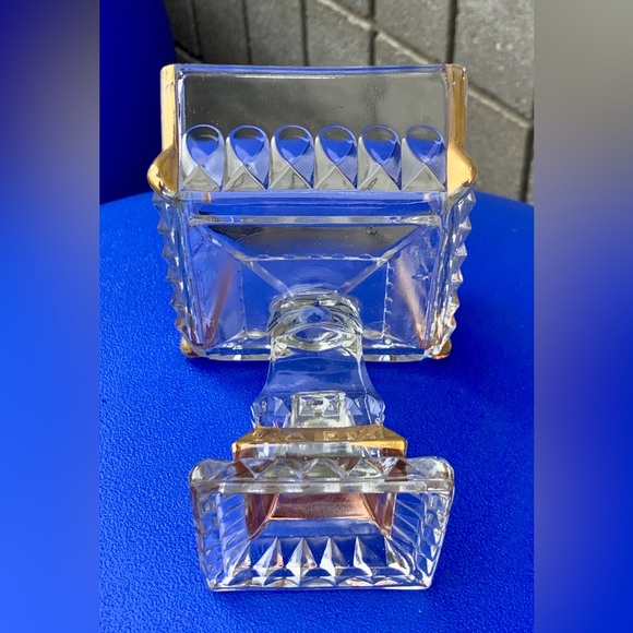 Mid Century Vtg Jeanette Gold Trim Cut Glass Pedestal Wedding Bowl Candy Dish - Picture 16 of 16